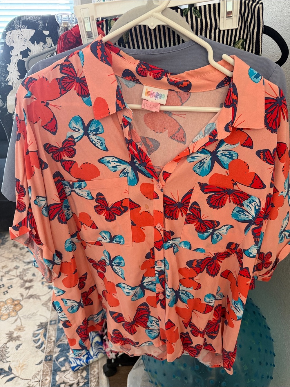 LuLaRoe Coral Button-Up Shirt with Teal & Red Butterfly Print